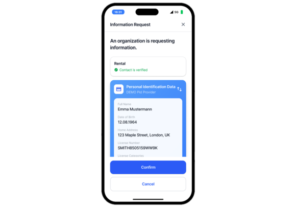 Step 3: In der Wallet kann der Nutzer sicherstellen, dass das anfragende Unternehmen verifiziert ist, die angeforderten personenbezogenen Daten prüfen und der Weitergabe zustimmen oder sie ablehnen.