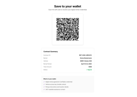 Step 6: Nach Zahlung der Gebühr ist der Mietvorgang abgeschlossen, doch die EUDI-Wallet vereinfacht den Prozess noch weiter.  Der Kunde wird aufgefordert, die Zugangsdaten für die Fahrzeugabholung in der Wallet zu speichern. 