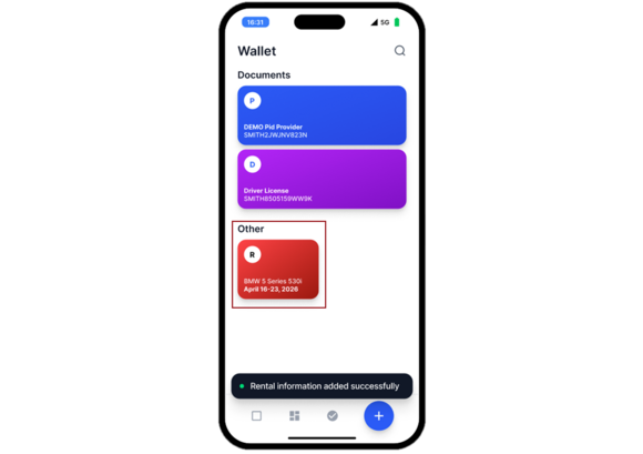 Step 7: Bei der Fahrzeugabholung muss der Kunde seinen Ausweis nicht am Schalter vorlegen. Die Transaktion wird sicher über die Wallet validiert, ohne dass persönliche Daten preisgegeben werden.  