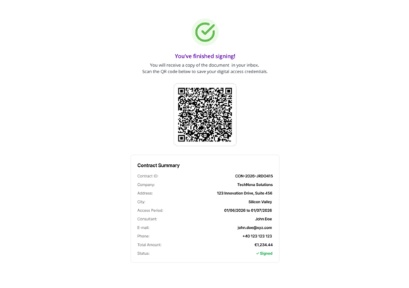 Step 6: Nach erfolgreicher Signatur erhält der Auftragnehmer die Zutritts-Credentials und speichert diese über einen QR-Code direkt in seiner EUDI-Wallet.