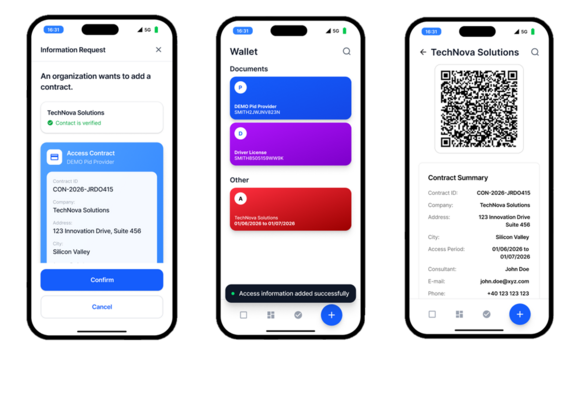Step 7: Beim Betreten der Anlage weist sich der Auftragnehmer ausschließlich über seine Wallet aus. Die darin hinterlegten Credentials autorisieren den Zutritt im vereinbarten Zeitraum, sodass kein zusätzlicher Ausweis erforderlich ist.