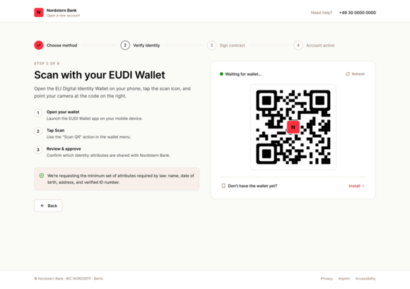 Step 2: Mit der EUDI-Wallet muss der Neukunde keine persönlichen Daten eingeben. Diese werden direkt aus seiner Wallet abgefragt.