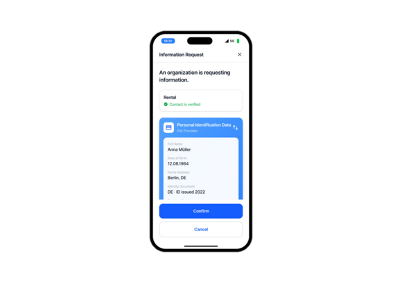 Step 3: In der Wallet können Nutzer überprüfen, dass die anfragende Stelle eine verifizierte Bank ist, was ein zusätzliches Maß an Sicherheit schafft. Außerdem können sie die angefragten persönlichen Daten einsehen und der Weitergabe zustimmen.​‌