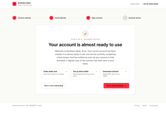 Step 6: Das Bankkonto wird zu 100 % online eröffnet, und die Onboarding-Zeit wird durch die Nutzung vorab validierter Daten aus einer sicheren Quelle reduziert, der EUDI-Wallet.‌
