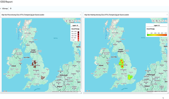 Map displays of the transport flows and CO₂ emission heatmaps